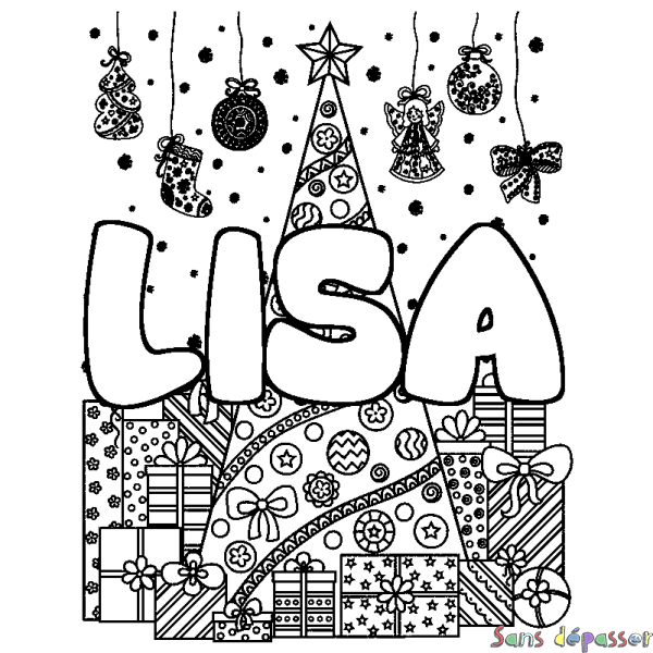 Coloriage prénom LISA - d&eacute;cor Sapin et Cadeaux