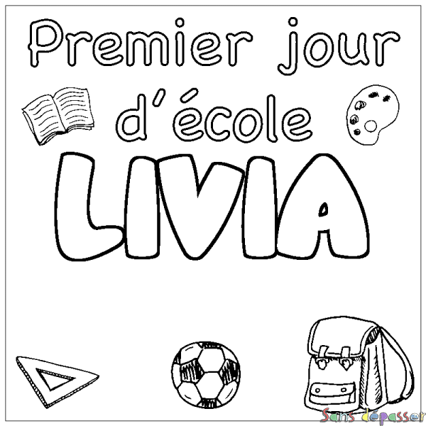 Coloriage prénom LIVIA - d&eacute;cor Premier jour d'&eacute;cole