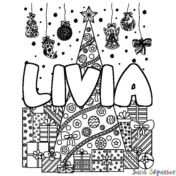 Coloriage prénom LIVIA - d&eacute;cor Sapin et Cadeaux