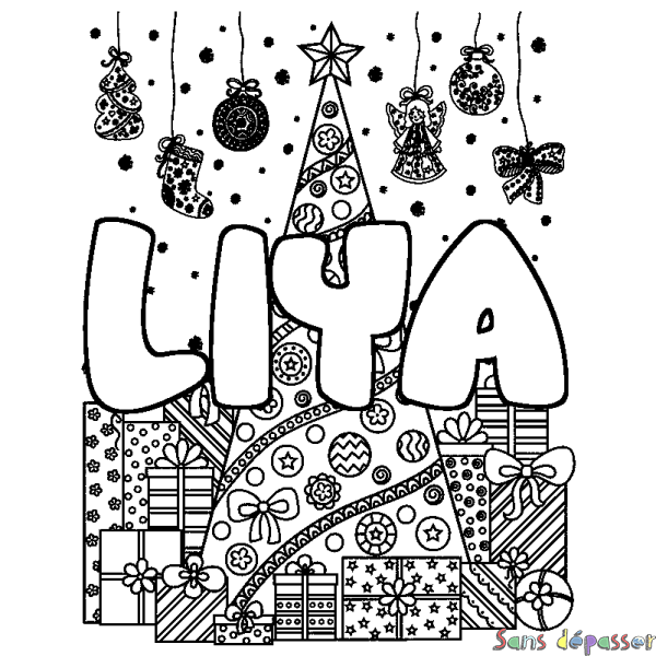 Coloriage prénom LIYA - d&eacute;cor Sapin et Cadeaux