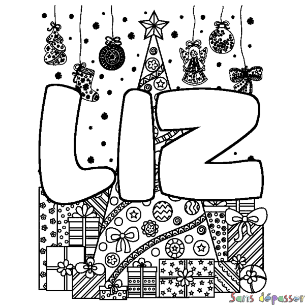 Coloriage prénom LIZ - d&eacute;cor Sapin et Cadeaux