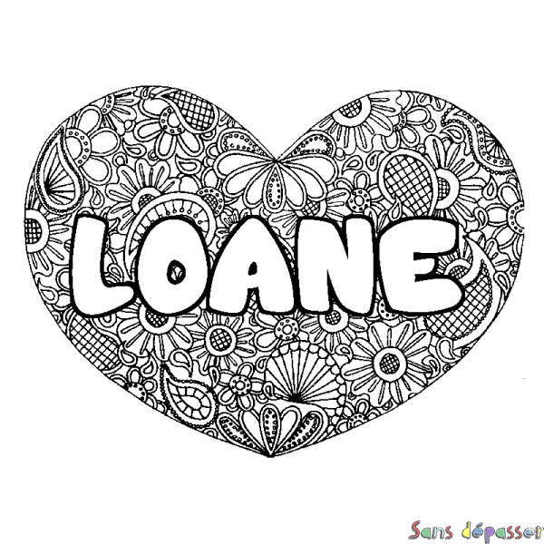 Coloriage prénom LOANE - d&eacute;cor Mandala coeur