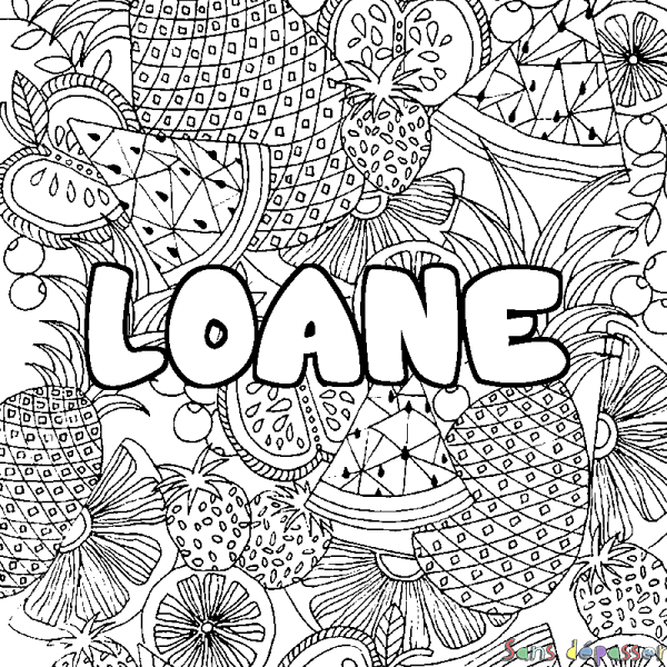 Coloriage prénom LOANE - d&eacute;cor Mandala fruits