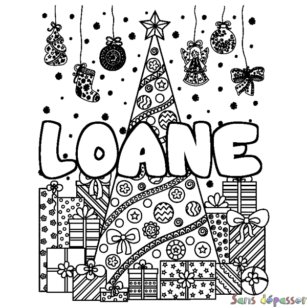 Coloriage prénom LOANE - d&eacute;cor Sapin et Cadeaux