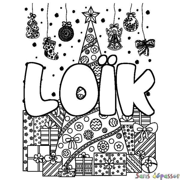 Coloriage prénom LO&Iuml;K - d&eacute;cor Sapin et Cadeaux