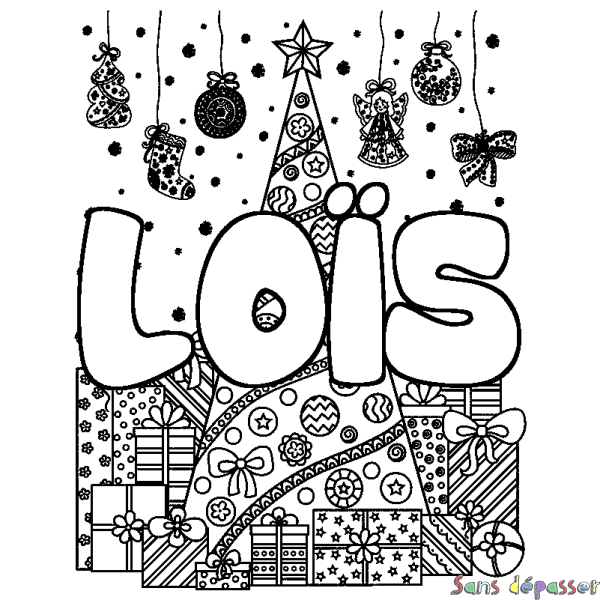 Coloriage prénom LO&Iuml;S - d&eacute;cor Sapin et Cadeaux