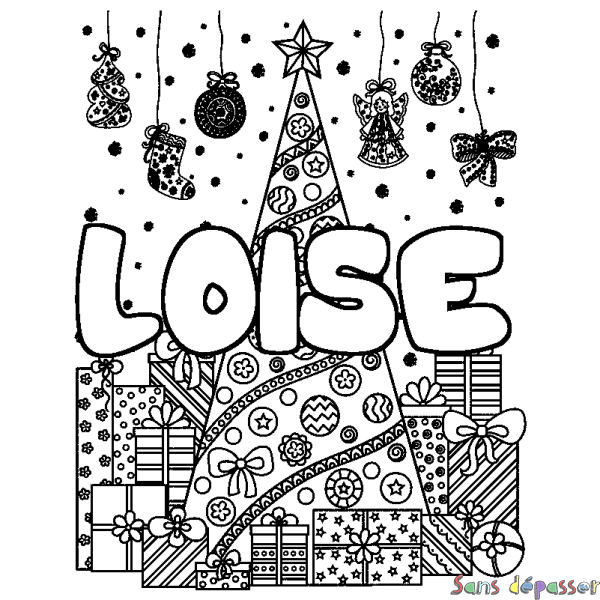 Coloriage prénom LOISE - d&eacute;cor Sapin et Cadeaux