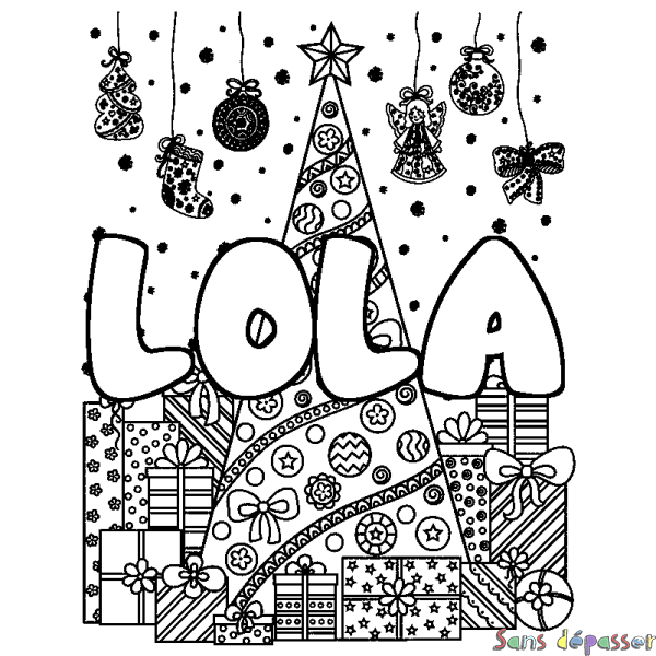 Coloriage prénom LOLA - d&eacute;cor Sapin et Cadeaux