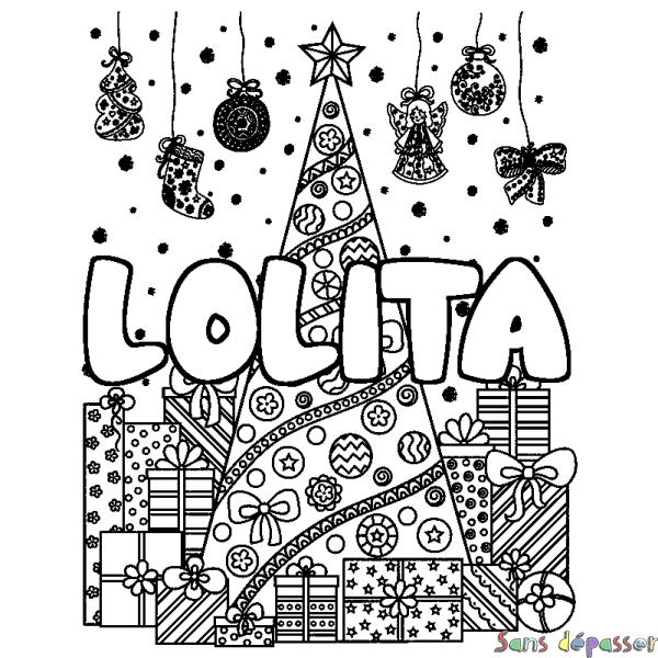 Coloriage prénom LOLITA - d&eacute;cor Sapin et Cadeaux