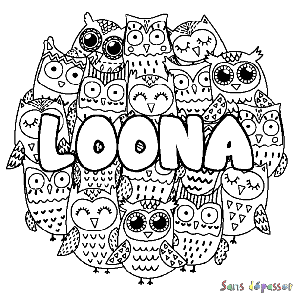 Coloriage prénom LOONA - d&eacute;cor Chouettes