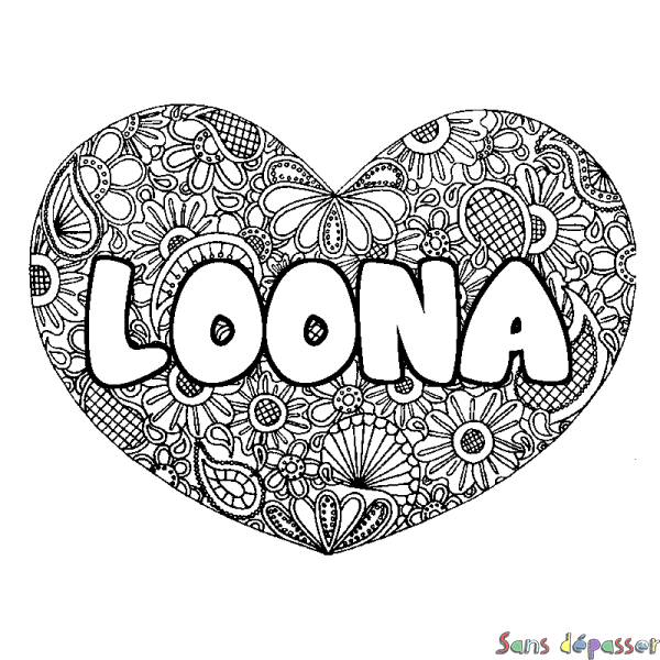 Coloriage prénom LOONA - d&eacute;cor Mandala coeur