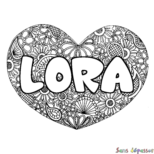 Coloriage prénom LORA - d&eacute;cor Mandala coeur