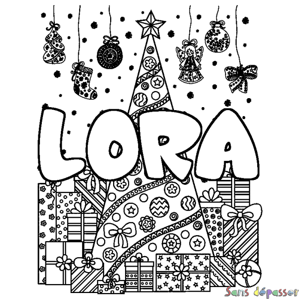 Coloriage prénom LORA - d&eacute;cor Sapin et Cadeaux