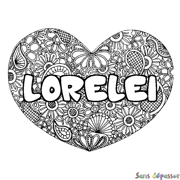 Coloriage prénom LORELEI - d&eacute;cor Mandala coeur