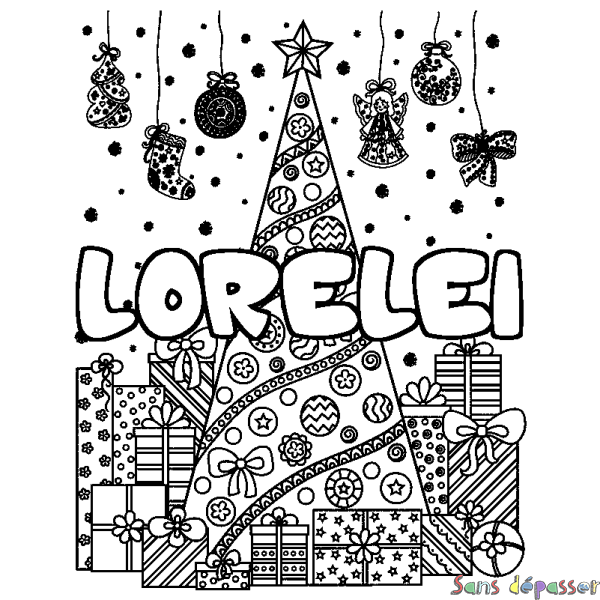 Coloriage prénom LORELEI - d&eacute;cor Sapin et Cadeaux