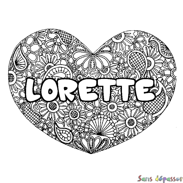 Coloriage prénom LORETTE - d&eacute;cor Mandala coeur