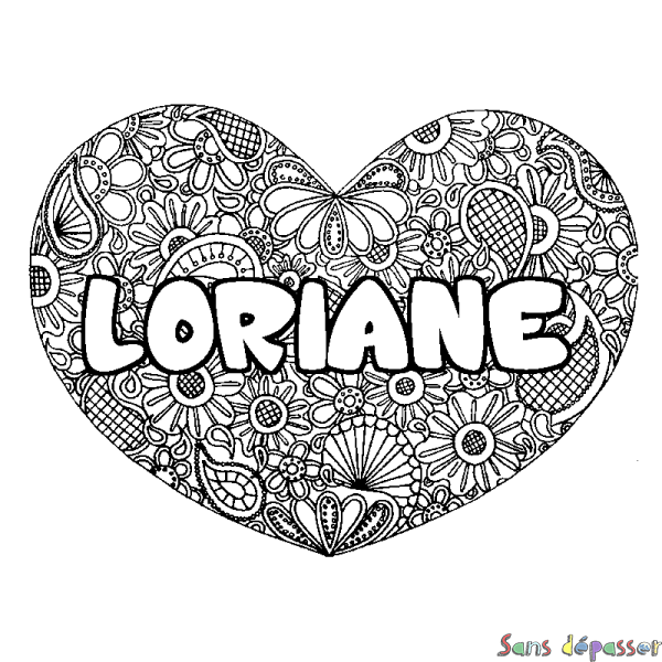 Coloriage prénom LORIANE - d&eacute;cor Mandala coeur