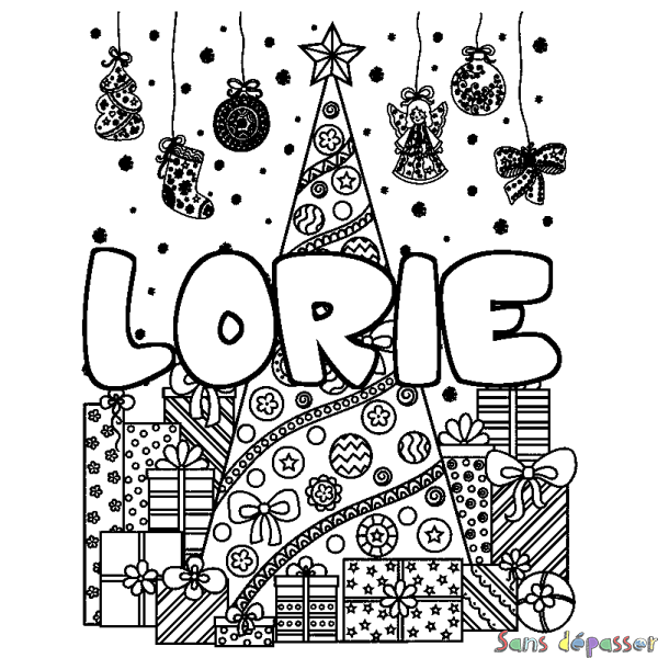 Coloriage prénom LORIE - d&eacute;cor Sapin et Cadeaux