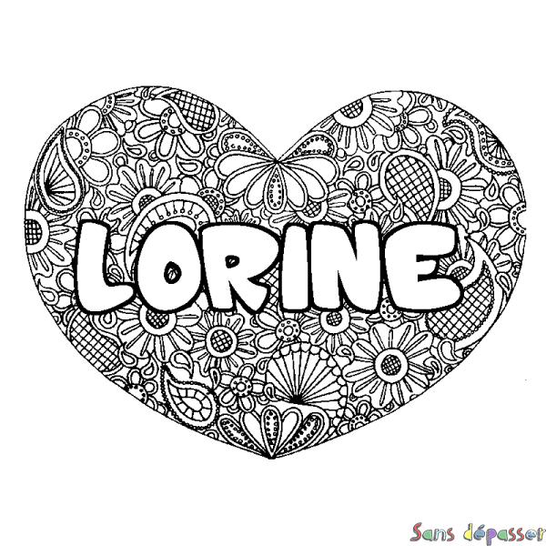 Coloriage prénom LORINE - d&eacute;cor Mandala coeur