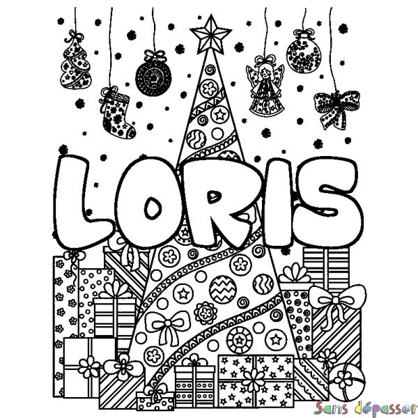 Coloriage prénom LORIS - d&eacute;cor Sapin et Cadeaux