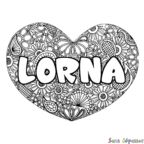 Coloriage prénom LORNA - d&eacute;cor Mandala coeur