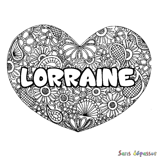 Coloriage prénom LORRAINE - d&eacute;cor Mandala coeur