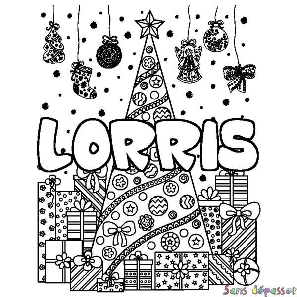 Coloriage prénom LORRIS - d&eacute;cor Sapin et Cadeaux