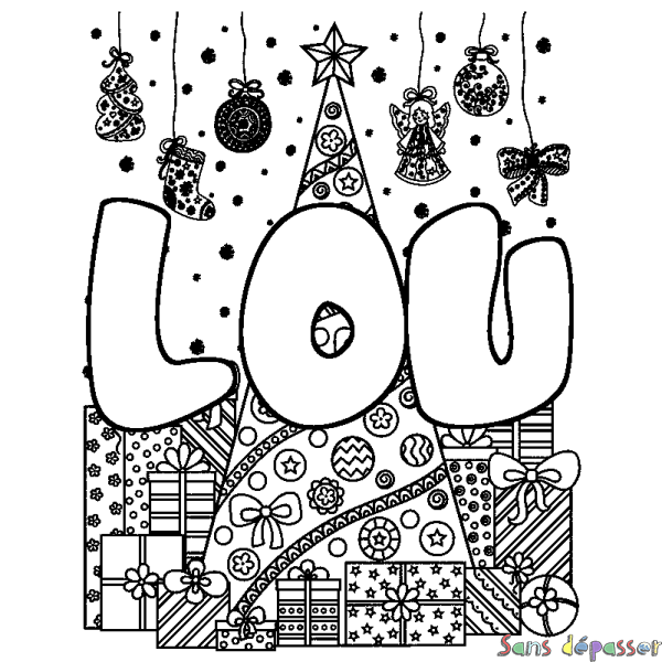 Coloriage prénom LOU - d&eacute;cor Sapin et Cadeaux