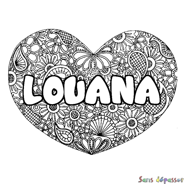 Coloriage prénom LOUANA - d&eacute;cor Mandala coeur