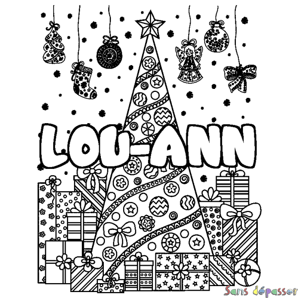 Coloriage prénom LOU-ANN - d&eacute;cor Sapin et Cadeaux