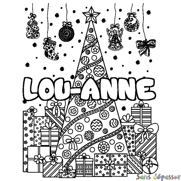 Coloriage prénom LOU-ANNE - d&eacute;cor Sapin et Cadeaux