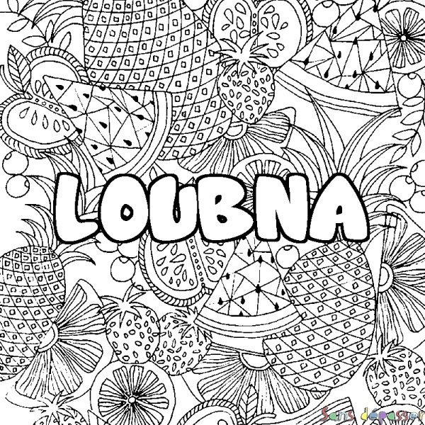 Coloriage prénom LOUBNA - d&eacute;cor Mandala fruits