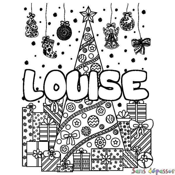 Coloriage prénom LOUISE - d&eacute;cor Sapin et Cadeaux