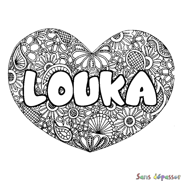 Coloriage prénom LOUKA - d&eacute;cor Mandala coeur