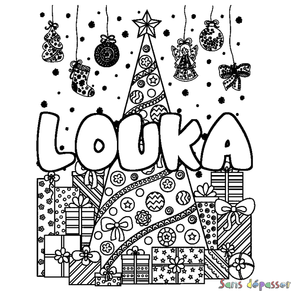 Coloriage prénom LOUKA - d&eacute;cor Sapin et Cadeaux