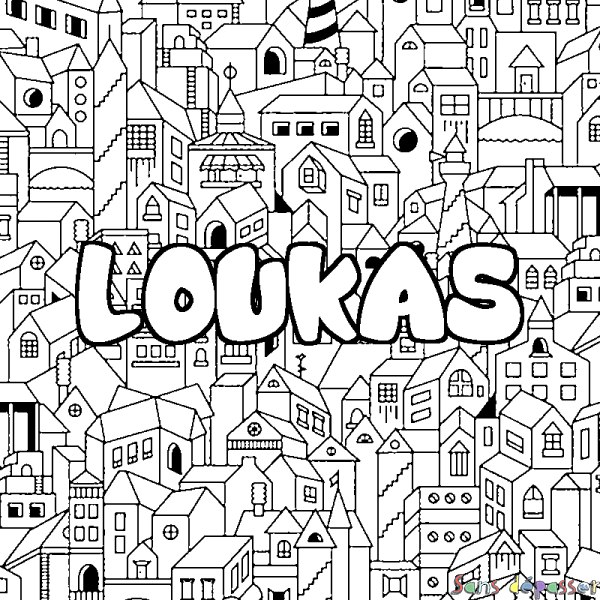 Coloriage prénom LOUKAS - d&eacute;cor Ville