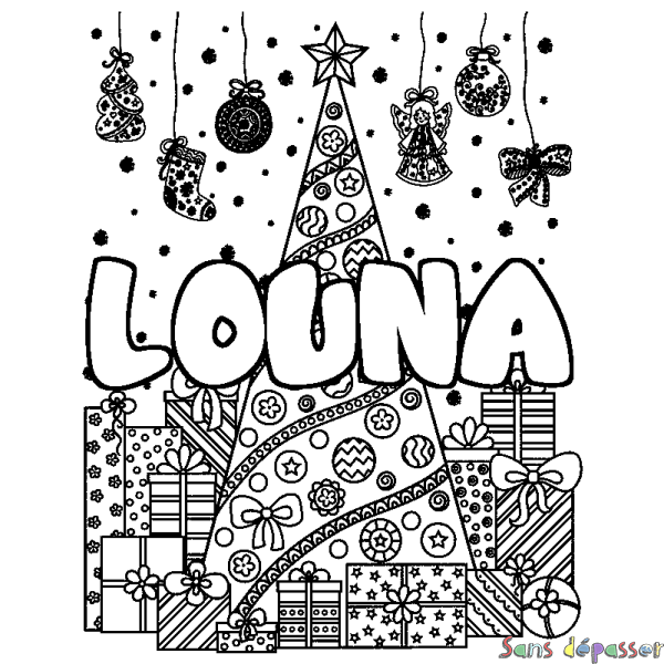 Coloriage prénom LOUNA - d&eacute;cor Sapin et Cadeaux