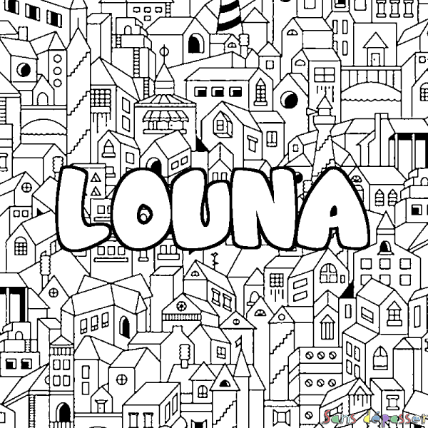 Coloriage prénom LOUNA - d&eacute;cor Ville