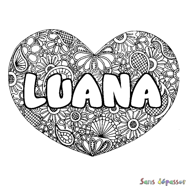 Coloriage prénom LUANA - d&eacute;cor Mandala coeur