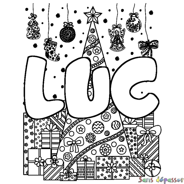 Coloriage prénom LUC - d&eacute;cor Sapin et Cadeaux