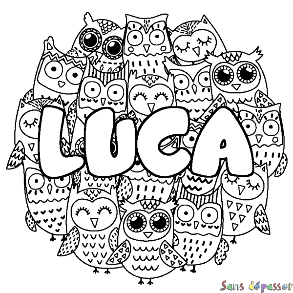 Coloriage prénom LUCA - d&eacute;cor Chouettes