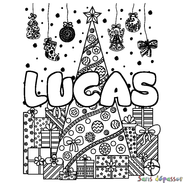 Coloriage prénom LUCAS - d&eacute;cor Sapin et Cadeaux