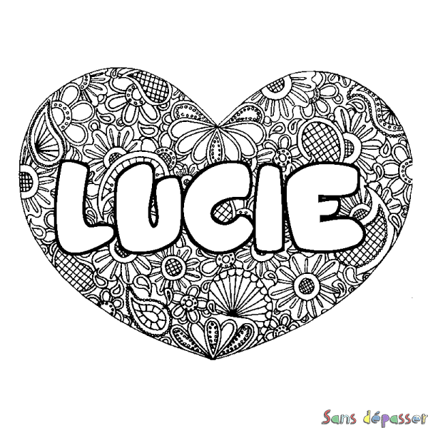 Coloriage prénom LUCIE - d&eacute;cor Mandala coeur