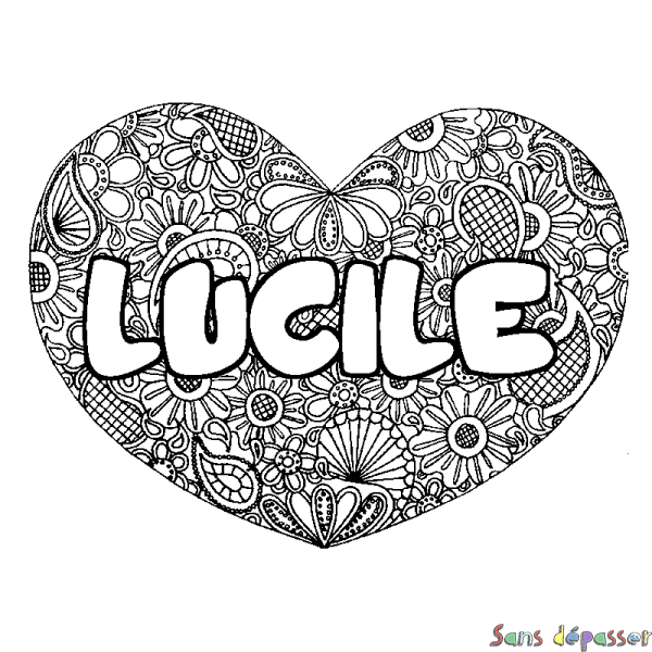 Coloriage prénom LUCILE - d&eacute;cor Mandala coeur