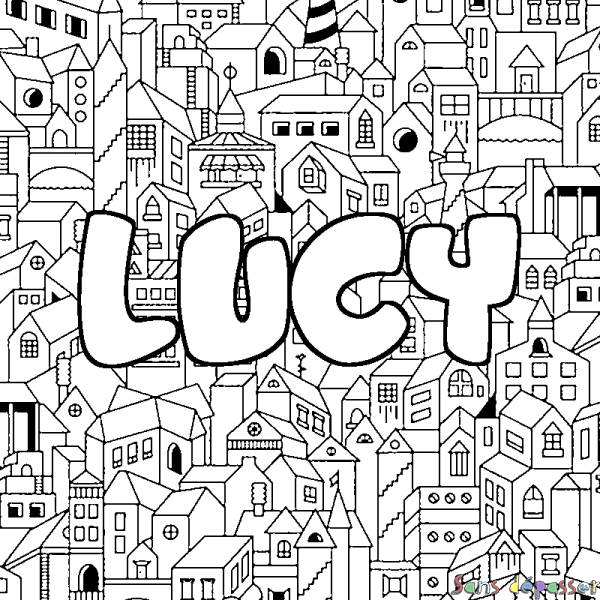 Coloriage prénom LUCY - d&eacute;cor Ville