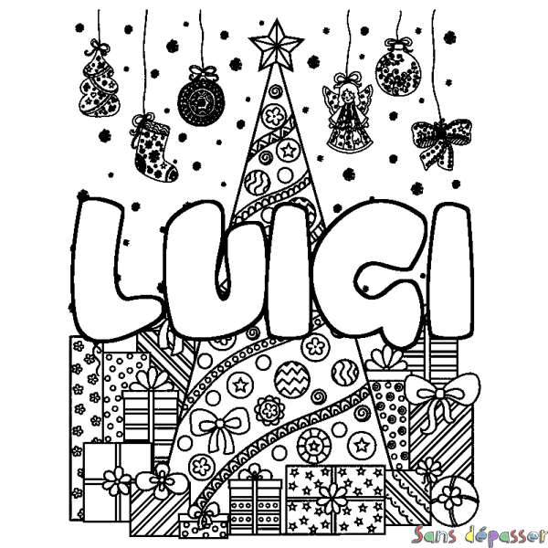 Coloriage prénom LUIGI - d&eacute;cor Sapin et Cadeaux