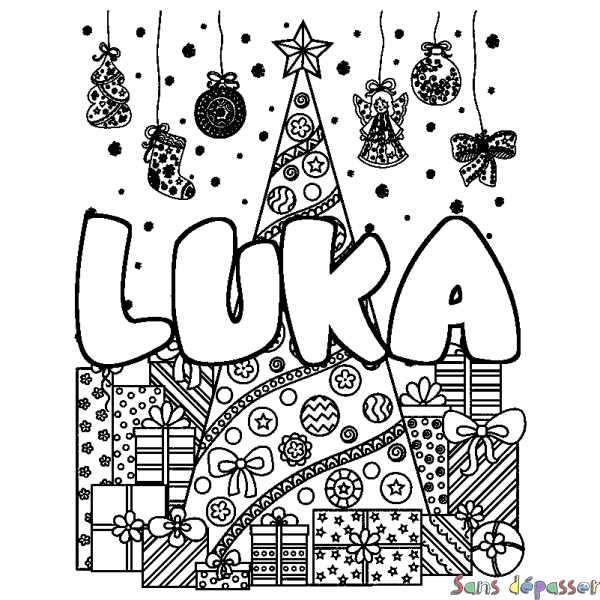 Coloriage prénom LUKA - d&eacute;cor Sapin et Cadeaux