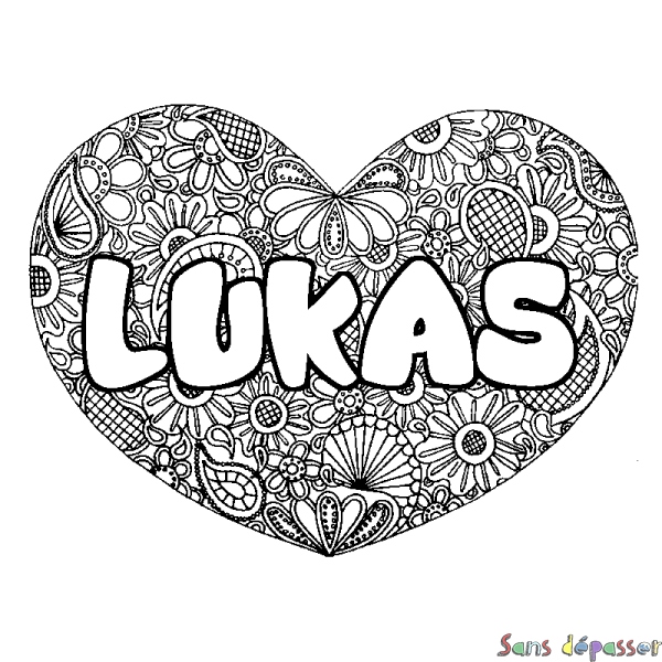 Coloriage prénom LUKAS - d&eacute;cor Mandala coeur