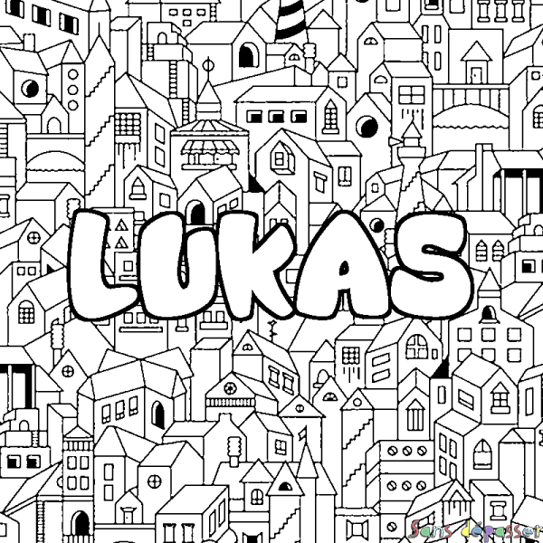 Coloriage prénom LUKAS - d&eacute;cor Ville