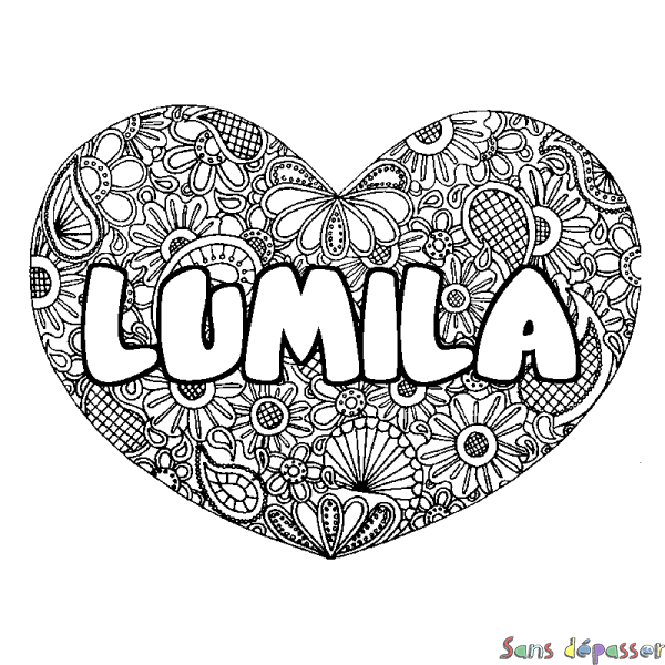 Coloriage prénom LUMILA - d&eacute;cor Mandala coeur